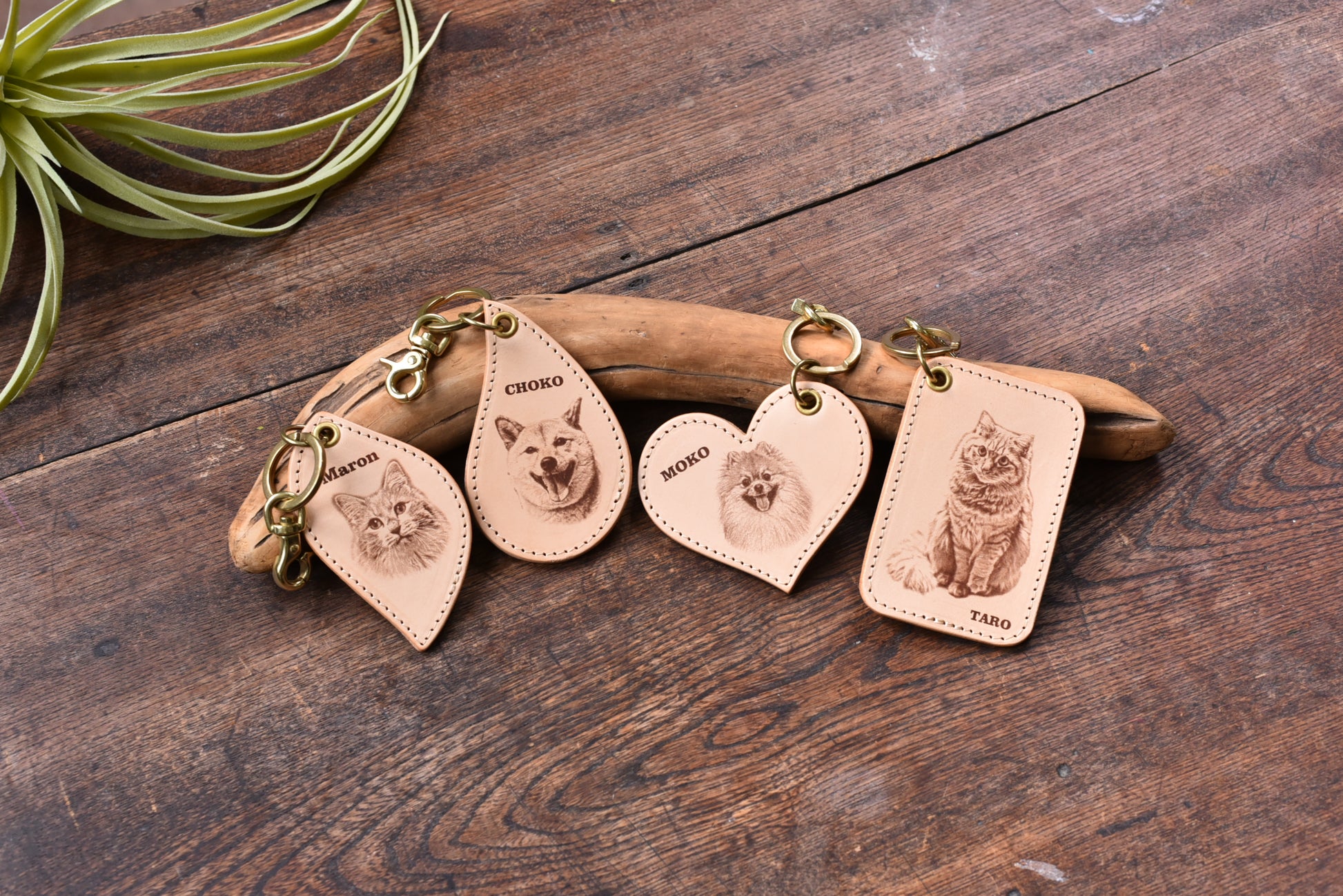 ４つのレザーペットキーホルダーが並んでいる写真。左からリーフ型、ドロップ型、ハート型、スクエア型。